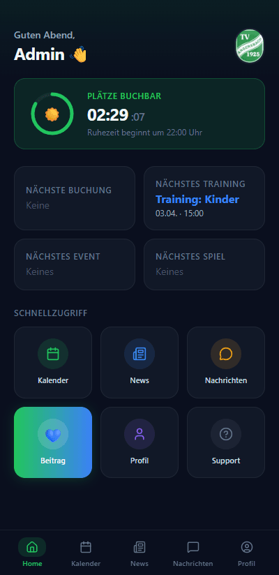 App-Oberfläche von TVA Booking auf einem Smartphone